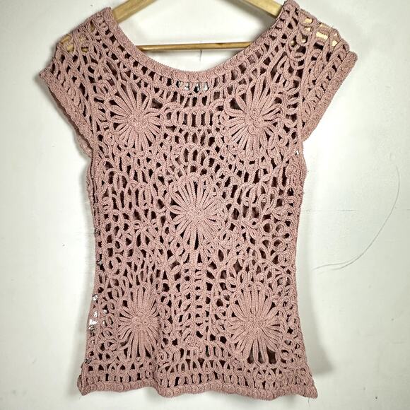 NICOLE MILLER pink crochet lace top womans Medium Balletcore girlyglam fairycore - Picture 9 of 11